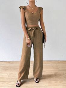 SHEIN Clasi Women's Casual Summer Top With Ruffle Hem And Loose Pants Two-Piece Set - Khaki - View 3