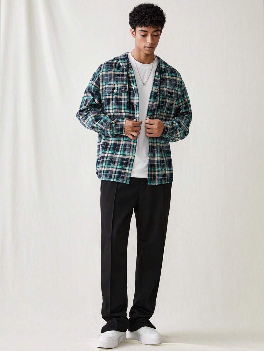 Manfinity VCAY Chaqueta con capucha de estilo casual y holgado con cremallera, a cuadros, de manga larga, para hombre, para otoño e invierno - Multicolor - Ver 1
