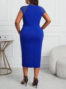 Fleurora 大码女士优雅商务休闲通勤蕾丝拼接开衩连衣裙，教师制服返校节连衣裙教师连衣裙蕾丝连衣裙四季