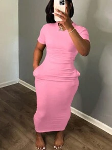 SHEIN Cộng với đầm bodycon Ruffle Trim cho mùa hè - Hồng - Xem 1