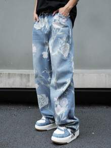 Manfinity EMRG Floral Printed Casual Jeans With Pockets Graphic Wide Jeans Long Baggy Floral Light Blue Washed Cargo Jeans, For Husband, Boyfriend Gifts Going Out Hang Out Vacation Street Urban