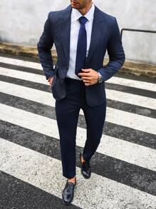 Manfinity Mode Men's Suit Jacket With Notch Lapel And Single Breasted Button & Pants Set - Navy Blue - View 1