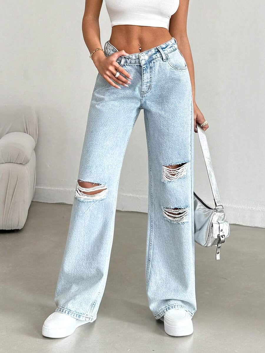 RueChic WIDE LEG DESTOYED LOW WAIST BLUE JEAN - Medium Wash - View 1