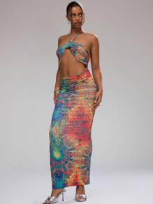 MUSERA Print Cut Out Halter Neck Maxi Dress Ibiza Fits Boho Spring Vacation Summer Festival - Multicolor - View 1