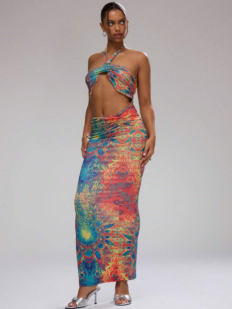 MUSERA Print Cut Out Halter Neck Maxi Dress Ibiza Fits Boho Spring Vacation Summer Festival - Multicolor - View 1
