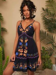 Travachic 女性假日夏季花卉印花連衣裙，深V領，細肩帶，荷葉邊緣設計 - 黑色 - 查看 4