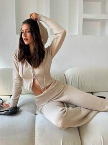 Aloruh 休闲日常通勤初秋毛衣上衣和长裤两件套 - 卡其色 - 查看 3