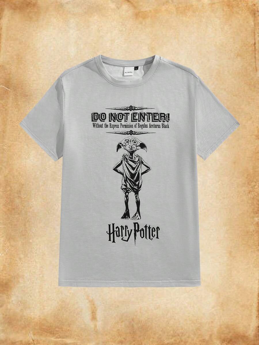 HARRY POTTER X SHEIN Men Casual Integrated Knit DOBBY Character Print Round Neck Short Sleeve T-Shirt - Grey - View 1