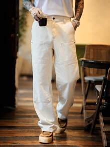 RivetRise Vintage American Style Men's Beige Denim Workwear Straight Leg Logging Jeans, For Husband, Boyfriend Gifts Going Out Hang Out Vacation Urban Work