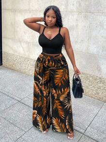 Slaydiva Ensemble 2 Pièces Pour Femmes, Haut Caraco Noir Décontracté À Haute Élasticité Et Pantalon Ample Imprimé À Jambes Larges - Z