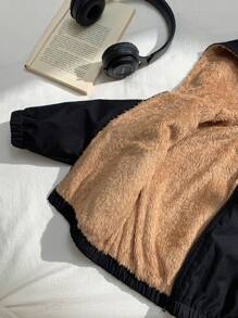 SHEIN Baby Boy Black Contrast Color Thicken Thermal Lined Letter Pattern Hooded Jacket, Winter