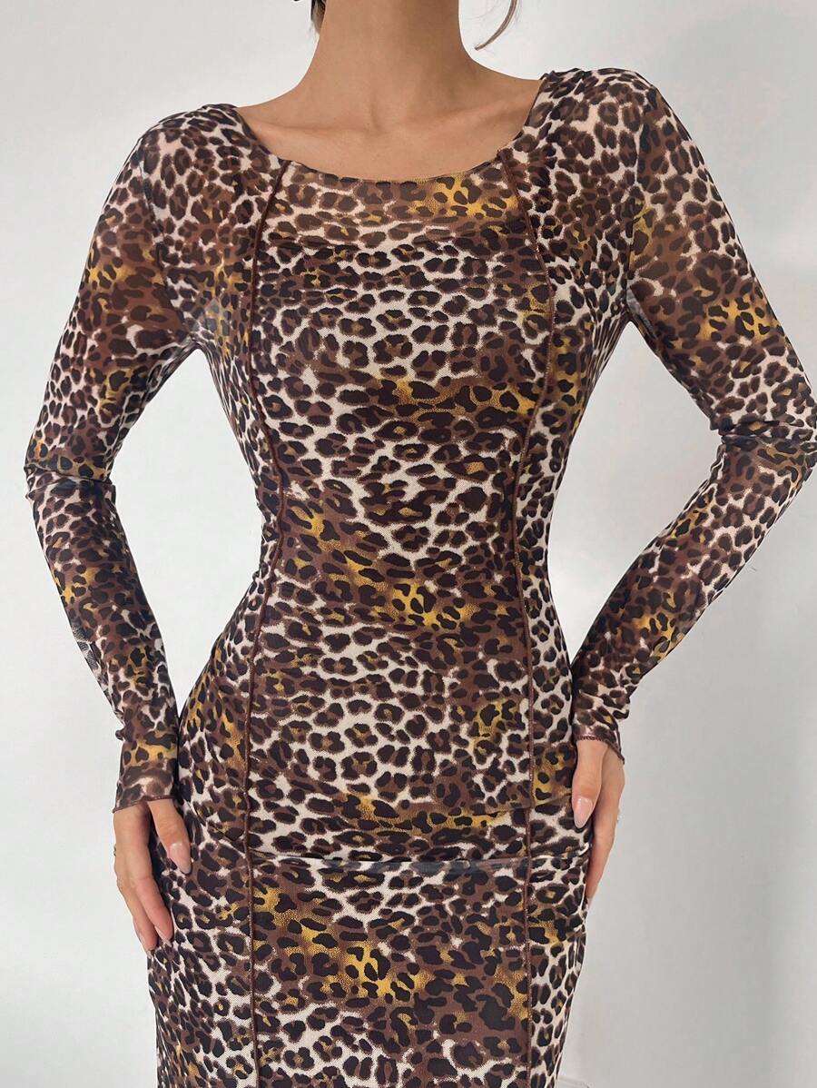 SHEIN Essnce 女士 2 合 1 豹纹网眼连衣裙，中长连衣裙，豹纹图案，女士服装 - 彩色 - 查看 1