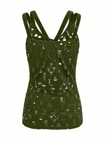 EMERY ROSE Top informal de mujer sin mangas y cuello en V de un solo color con huecos decorativos, para uso diario