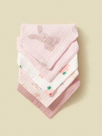 5pcs Baby Bibs, 100% Cotton Comfortable Square Towel Saliva Towel Multipurpose Breathable Flower Pattern