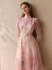 MOTF PREMIUM ORGANZA FLORAL PRINT BELTED DRESS - Multicolor - View 8