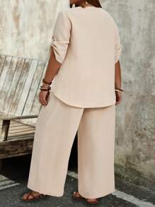 SHEIN CURVE+ 大尺碼女裝時尚純色中袖上衣和長褲套裝 - 杏色 - 查看 2