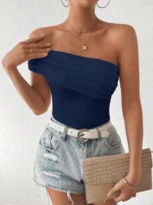 SHEIN LUNE Summer Casual Slim-Fit Solid Color Oblique Shoulder T-Shirt - Navy Blue - View 4