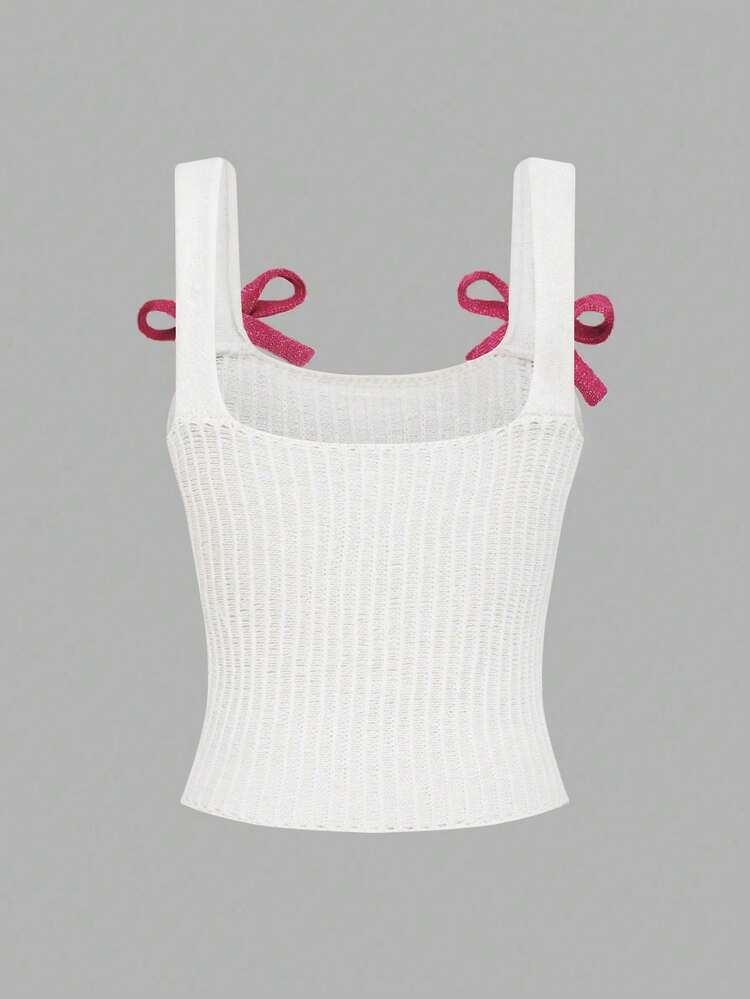 Women's Crop Top With Square Collar & Bow Decoration, Red