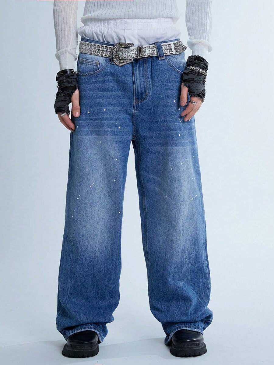 Manfinity Roghcode Y2K 复古男士中蓝色宽腿洗水宽松牛仔裤，适合送给丈夫、男朋友的礼物