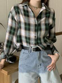 女士春秋休闲格子短款衬衫 - 綠色 - 查看 3