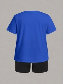 Slaydiva Bộ áo thun ngắn tay và quần đùi thường ngày dành cho nữ Plus Size có in logo quả chanh và chữ - Màu xanh lam - Xem 2