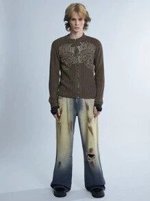 Manfinity Denimwave Y2K Retro Street Style Men's Baggy Jeans In Deep Blue Washed And Distressed Look, Urban Wasteland Style - Dark Wash - View 4