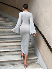 EURMUSE Bell Sleeved Knitted Long Dress - Grey - View 2