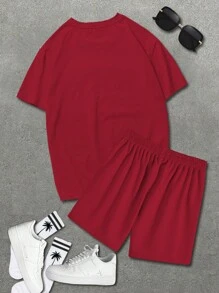 Manfinity RSRT 男士夏季棕櫚樹字母印花圓領短袖休閒T恤和束腰短褲套裝 - 彩色 - 查看 2