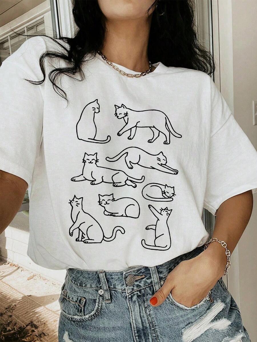 SHEIN EZwear 女款寬鬆貓咪素描紋Y2K圓領短袖T恤 - 白色 - 查看 1