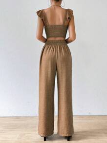 SHEIN Clasi Women's Casual Summer Top With Ruffle Hem And Loose Pants Two-Piece Set - Khaki - View 2