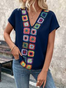 EMERY ROSE 女士V領花繡蝙蝠袖夏季襯衫 - 寶藍色 - 查看 5