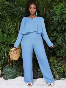 Slaydiva Conjunto de dos piezas para mujer compuesto por una blusa de cuello redondo, holgada, con bajo asimétrico corto por delante y manga larga, y pantalones rectos de cintura elástica, en color azul tejido - Azul - Ver 5