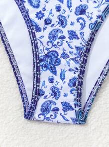 Swim Mod Women's Flower Printed Halter Neck Bikini Set With Circular Link, Summer Beachwear