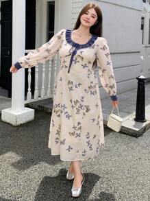 Dazy Petite Plus Plus Size Women's Round Neck Long Sleeve Lace Spliced Butterfly Allover Print Dress, Casual & Vacation,Ruffle,Fall Dress - Multicolor - View 4