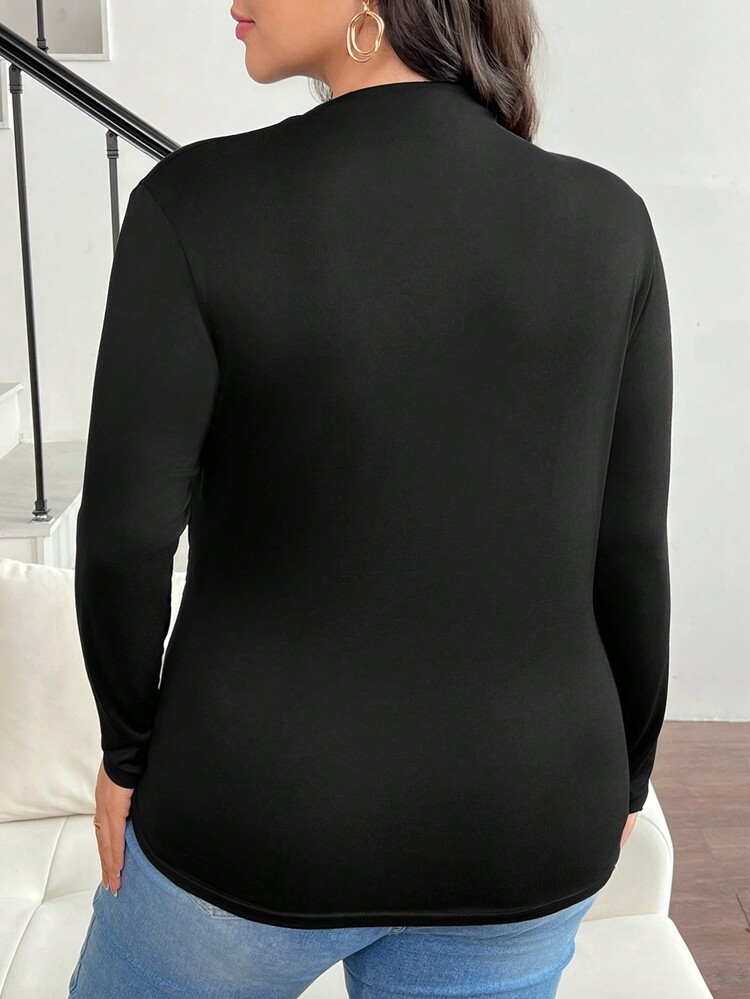 SHEIN CURVE+ Plus Size Cổ đứng xếp nếp Slim Fit Tee - màu đen - Xem 5