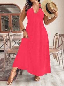 SHEIN Clasi Plus Tie Backless Halter Solid Dress For Holiday Maxi Women Outfit - Pink - View 3
