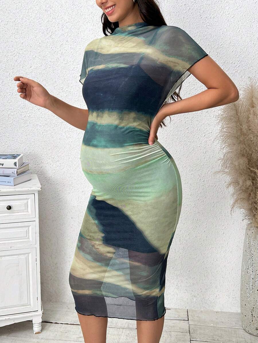 SHEIN Vestido de maternidad con mangas cortas y estampado Tie-Dye con cuello alto, ideal para verano