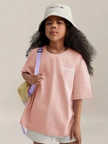 SHEIN 少女寬鬆放鬆肩短袖運動T卹，針織純色帶印字紋路 - 淺粉色 - 查看 3