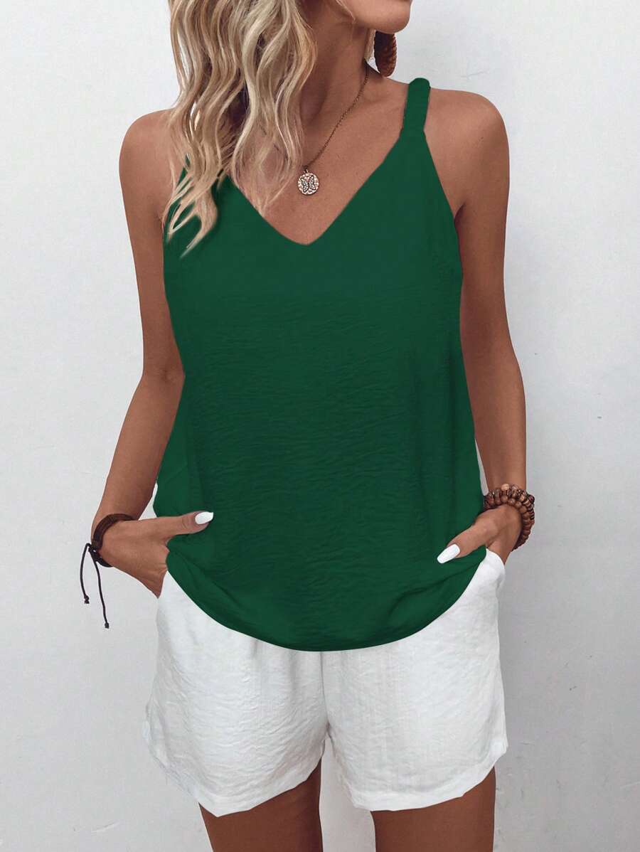 SHEIN LUNE Women's V-Neck Simple And Fashionable Texture Fabric Backless Tank Top, Loose And Comfortable