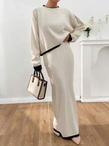 EURMUSE Navy Striped Trim Sweater Pullover And Pleated Skirt - Apricot - View 4