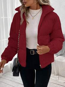 SHEIN LUNE Áo khoác nhung mùa đông đơn giản màu trơn - Màu Đỏ Sâu - Xem 4
