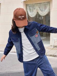 Boys' Casual Denim Shirt, Daily Wear And College-Style, Patchwork Design On The Shoulder - Dark Wash - View 3