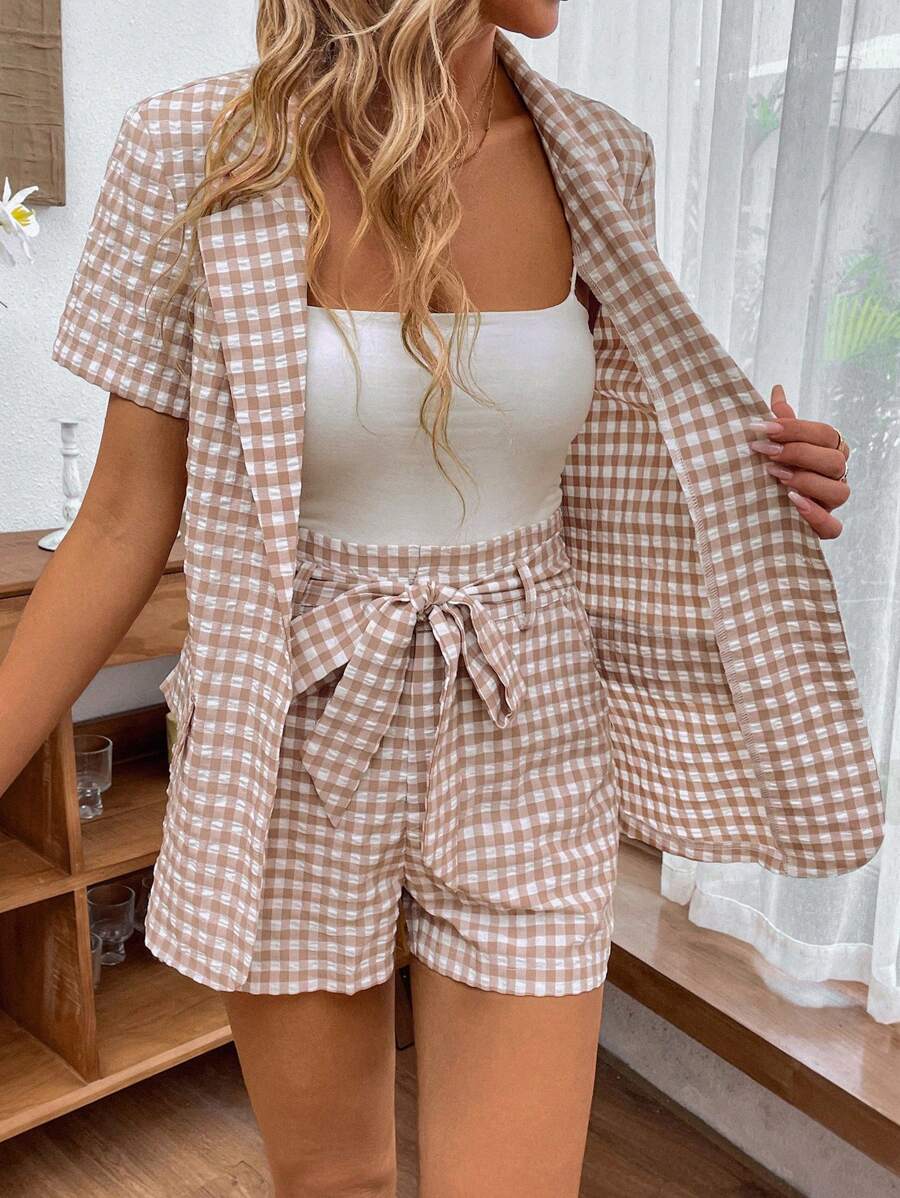 SHEIN LUNE Gingham Print Lapel Neck Blazer & Paperbag Waist Shorts - Dusty Pink - View 1