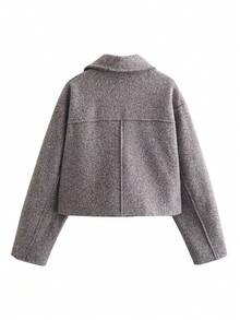 TRAFZA Women's Casual Faux Wool Jacket, Solid Color Lapel Long Sleeve Practical Pocket Loose Outerwear, Autumn/Winter - Grey - View 9