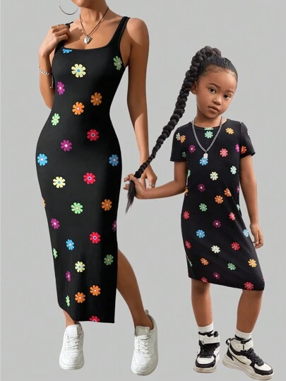 SHEIN Young Girl Knitted Printed Round Neck Casual Dress