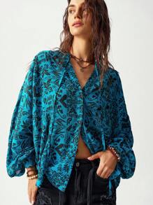 Bohemela Vacation Blue Retro Printed Loose Fit Women's Long Sleeve Shirt, Fall