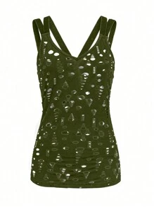 EMERY ROSE Top informal de mujer sin mangas y cuello en V de un solo color con huecos decorativos, para uso diario