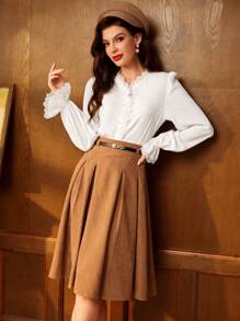 Vintamour 复古优雅女式衬衫，蕾丝拼接，V 领，长喇叭袖，荷叶边下摆和精致的珍珠纽扣，非常适合工作返校服装秋装女式衬衫秋季上衣秋季服装教师服装冬季女士复古服装白色长袖衬衫纽扣衬衫长袖上衣长袖衬衫 - 白色 - 查看 7