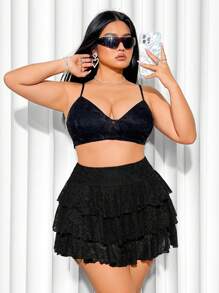 SHEIN ICON Plus Size Solid Color Lace Cake Skirt, Casual And Comfortable For Summer Vacation - Black - View 3