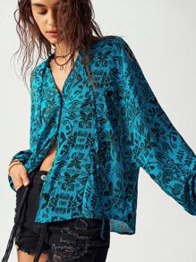 Bohemela Vacation Blue Retro Printed Loose Fit Women's Long Sleeve Shirt, Fall